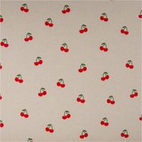 93429-Canvas-Stoff-mit-70--Baumwolle-Leinenlook-Kirschen-natur-rot-1-48m-Breite-IMG-3722.jpg Canvas Stoff mit 70 % Baumwolle im Leinenlook, naturfarbener Grund mit roten Kirschmotiven, fest gewebt, robust, 1,48 m Breite, dekorativ gemustert - Vollansicht