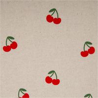 93429-Canvas-Stoff-mit-70--Baumwolle-Leinenlook-Kirschen-natur-rot-1-48m-Breite-IMG-3723.jpg Canvas Stoff mit 70 % Baumwolle im Leinenlook, naturfarbener Grund mit roten Kirschmotiven, fest gewebt, robust, 1,48 m Breite, dekorativ gemustert - Nahaufnahme