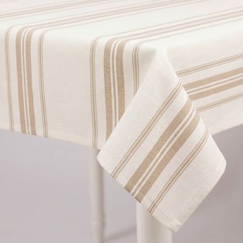 Tischdecke Chaumont aus Baumwolle in Wollweiß mit naturfarbenen Streifen, dekorativ über einen Tisch drapiert