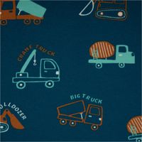 Hochwertiger Soft Sweat aus Baumwolle mit coolen Baufahrzeugen wie Kränen und Lastwagen in Türkis und Orange auf petrolfarbenem Grund. Der Stoff ist 1,48 m breit und ideal für gemütliche Kinderkleidung - Nahaufnahme