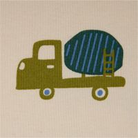Hochwertiger Soft Sweat aus Baumwolle mit coolen Baufahrzeugen wie Baggern und Kränen in Blau- und Grüntönen auf ecrufarbenem Grund. Der 1,48 m breite Stoff ist ideal für gemütliche Kinderkleidung - Detailaufnahme