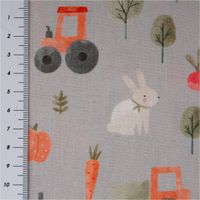 93504-Baumwollstoff-Popeline-Digitaldruck-Bauernhof-beige-orange-gruen-1-45m-Breite-IMG-3922.jpg Hochwertiger Baumwoll-Popeline mit liebevollem Digitaldruck zum Thema Bauernhof in Orange, Grün und Weiß auf beigem Grund. Der 1,45 m breite Stoff zeigt niedliche Motive wie Traktoren, Häschen und kleine Häuser - mit Massband