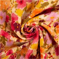 Gedrehter Baumwoll-Musselin mit Blumen-Digitaldruck in Orange, Gelb und Rosa, fließender Stofffall