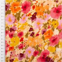 93531-Musselin-Stoff-Baumwolle-Digitaldruck-Rebecca-Blueten-orange-gelb-rosa-1-30m-Breite-IMG-6016.jpg Musselin Stoff Rebecca mit floralem Digitaldruck und Maßskala, Blüten in Orange, Gelb und Rosa