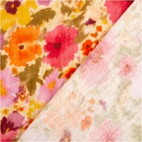 93531-Musselin-Stoff-Baumwolle-Digitaldruck-Rebecca-Blueten-orange-gelb-rosa-1-30m-Breite-IMG-6018.jpg Rückseite des Musselin Stoffes aus Baumwolle mit leicht durchscheinendem Blumen-Digitaldruck