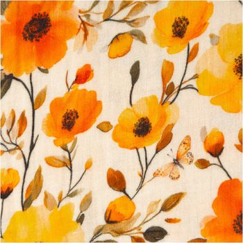 Nahaufnahme Baumwoll-Musselin mit floralem Digitaldruck in Beige, Orange und Gelb, feine Stoffstruktur