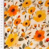 Musselin Stoff Ezia mit Blumen-Digitaldruck und Maßskala, Blüten in Beige, Orange und Gelb