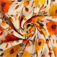 93532-Musselin-Stoff-Baumwolle-Digitaldruck-Ezia-Blumen-beige-orange-gelb-1-30m-Breite-IMG-6024.jpg Gedrehter Baumwoll-Musselin mit Blumen-Digitaldruck in Beige, Orange und Gelb, weicher Stofffall
