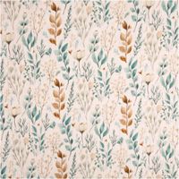 Musselin Stoff aus Baumwolle mit Blättern und Gräsern in Beige- und Grüntönen auf hellem Grund
