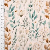 Musselin Stoff Mariva mit Blätter-Digitaldruck in Beige Grün und Maßskala