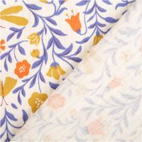 93537-Musselin-Stoff-Baumwolle-Scarabee-Blumenranken-Schmetterlinge-ecru-blau-gelb-1-30m-Breite-IMG-6088.jpg Rückseite des Musselin Stoffes aus Baumwolle mit leicht durchscheinendem Blumenranken-Druck