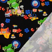 Baumwolljersey SpongeBob in Schwarz mit farbigen Unterwasser-Motiven in Nahaufnahme mit umgeschlagener Rückseite