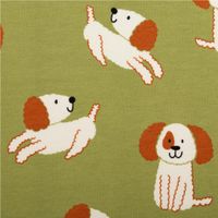 93592-Sweatstoff-Soft-Sweat-aus-Baumwolle-Hunde-gruen-ecru-1-48m-Breite-IMG-4207.jpg Weicher Soft Sweat Sweatstoff aus Baumwolle in frischem Grün, bedruckt mit drolligen Hunden in Ecru und Braun. Die großzügige Breite von 1,48 m bietet viel Spielraum für bequeme Kinderoutfits oder gemütliche Freizeitmode - Nahaufnahme