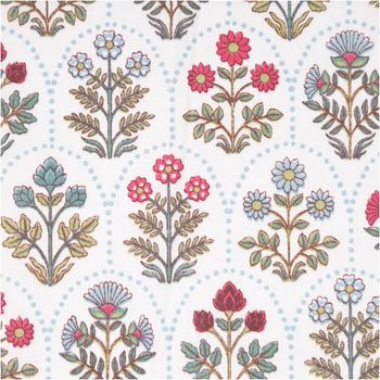 Detailansicht Baumwollstoff Saphir mit feinem Blumenmuster im Wellenraster in Grün, Rot und Blau auf Weiß