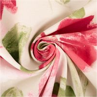 Beigefarbener Dekostoff "Mina" mit 1,40m Breite und prachtvollem Rosenmuster. Großflächige Blüten in Rosa- und Pinktönen mit grünen Blättern verleihen dem festen Material eine romantische, wohnliche Optik für dein Zuhause - kunstvoll eingedreht in Falten