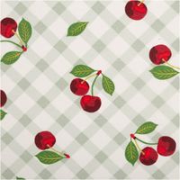 Der hochwertige Tischdeckenstoff abwaschbar Acrylbeschichtung Kirschen Raute weiß grün rot 1,40m Breite besticht durch sein klassisches Karomuster mit Kirschen. Ideal für pflegeleichte Küchendekorationen oder sommerliche Garten-Accessoires - Nahaufnahme