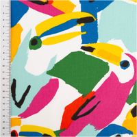 Der farbenfrohe Dekostoff Baumwollmischgewebe Costarica Papageien weiß bunt 1,60m Breite besticht durch sein lebendiges, exotisches Vögel-Design. Ideal für sommerliche Dekorationen, Kissen oder kreative Accessoires - mit Massband