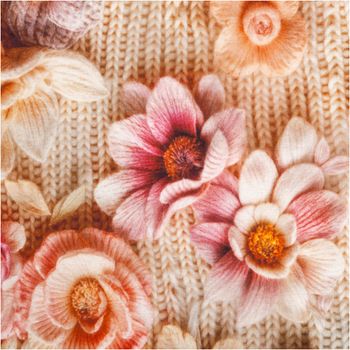 Der weiche Alpenfleece Stoff Digitaldruck Strickoptik Blüten wollweiß rosa 1,50m Breite überzeugt durch sein realistisches Blumenmuster. Ideal für wärmende Pullover, gemütliche Decken oder winterliche Accessoires - Nahaufnahme