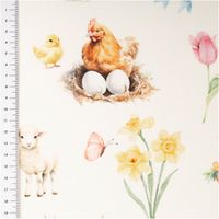 93639-Baumwollstoff-Dekostoff-Ostern-Digitaldruck-Easter-Garden-Joy-weiss-bunt-1-4m-Breite-IMG-6144.jpg Baumwollstoff Ostern Easter Garden Joy mit Huhn, Küken und Maßstab zur Mustergröße