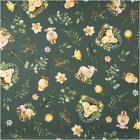 Der hochwertige Baumwollstoff Dekostoff Ostern Digitaldruck Bohemian Easter Mood Küken Lamm grün 1,4m Breite besticht durch sein liebevolles Frühlingsdesign. Ideal für Osterdekorationen, Tischdecken oder kreative Kissenbezüge - Vollansicht