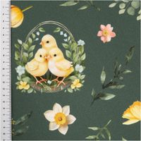 Der hochwertige Baumwollstoff Dekostoff Ostern Digitaldruck Bohemian Easter Mood Küken Lamm grün 1,4m Breite besticht durch sein liebevolles Frühlingsdesign. Ideal für Osterdekorationen, Tischdecken oder kreative Kissenbezüge - mit Massband Kueckenmotiv
