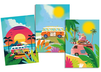 Drei Geschirrtücher mit unterschiedlichen Camper-Motiven als Set