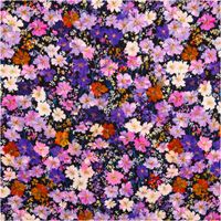 Der hochwertige Viskose Stoff für Bekleidung Blumen lila 140cm Stoffbreite besticht durch ein dichtes Blütenmeer in verschiedenen Violett-, Pink- und Orangetönen auf dunklem Grund. Ein fließendes Material für kreative Nähprojekte - Vollansicht