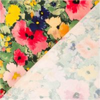 Der hochwertige Viskose Stoff für Bekleidung Blüten grün pink 140cm Stoffbreite besticht durch ein farbenfrohes Blumenmeer aus pinken, gelben und blauen Blüten. Ein fließendes Material für kreative Nähprojekte - mit Rueckseite