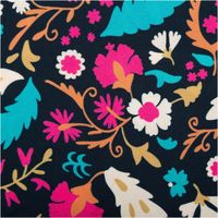 93690-Viskose-Stoff-fuer-Bekleidung-Blumen-abstrakt-blau-pink-140cm-Stoffbreite-IMG-6904.jpg Der hochwertige Viskose Stoff für Bekleidung Blumen abstrakt blau pink 140cm Stoffbreite besticht durch leuchtende pinke Blüten und türkise Blätter auf dunklem Grund. Ein fließendes Material für kreative Nähprojekte - Nahaufnahme
