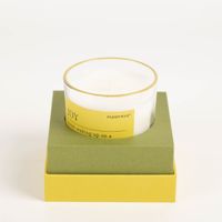 Die hochwertige Duftkerze Sojakerze MOOD Joy Green Misted Lime Glastopf in Geschenkbox 65Std Brenndauer von Paddywax besticht durch ihre elegante, gelbe Verpackung. Ein luxuriöses Geschenk - Detailaufnahme