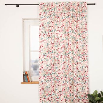 Vorhang Digitaldruck Aquarell Blüten weiß rosa blau mit Smok-Schlaufenband als Dekoschal am Fenster dekoriert