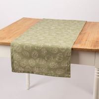 Tischläufer im Leinenlook mit Ostereier-Motiv in Grün Natur auf Holztisch, 40x160 cm von SCHÖNER LEBEN.