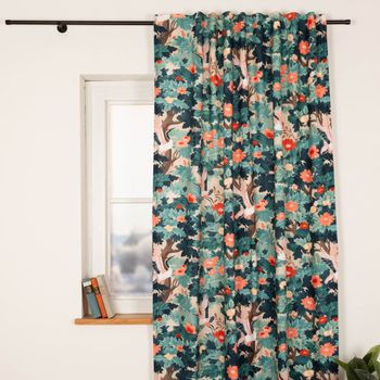 Vorhang Leinenstruktur Kranich Blumen türkisblau rot dekorativ am Fenster mit 245x130cm (HxB)