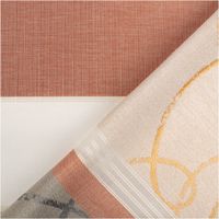 Dieser hochwertige Gardinenstoff Voile Jacquard Querstreifen halbtransparent weiß kupfer gold grau 150cm Breite besticht durch sein modernes Muster mit feinen Linien und Kreisen in warmen Erdtönen - mit Rueckseite