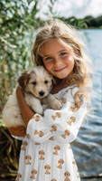 93808-Musselin-Stoff-Baumwollstoff-Hund-weiss-hellbraun-1-30-m-Breite-Screenshot-2026-02-08-205139.png Mädchen mit Hund auf dem Arm trägt Kleid aus Musselin Stoff Baumwolle Hunde weiß hellbraun 130 cm