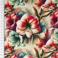 93846-Viskose-Stoff-mit-42--Leinenanteil-Alazela-Blumen-natur-rosa-tuerkis-gruen-1-43cm-Breite-IMG-7385.jpg Dieser hochwertige Viskose Stoff mit 42% Leinenanteil Alazela Blumen natur rosa türkis grün 1,43cm Breite besticht durch sein romantisches Muster mit großen, detailreichen Amaryllisblüten auf beigem Grund - mit Massband