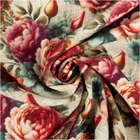 Dieser hochwertige Viskose Stoff mit 42% Leinenanteil Pfingstrosen natur rosa grün 1,43cm Breite besticht durch sein romantisches Muster mit üppigen Pfingstrosen auf naturfarbenem Grund - kunstvoll eingedreht in Falten