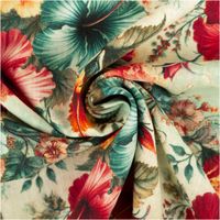 Dieser hochwertige Viskose Stoff mit 42% Leinenanteil Hibiskusblüten pink, türkis, orange 1,43cm Breite besticht durch sein sommerliches Muster mit farbenprächtigen Hibiskusblüten auf helltürkisem Grund - kunstvoll eingedreht in Falten