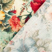 Dieser hochwertige Viskose Stoff mit 42% Leinenanteil Hibiskusblüten pink, türkis, orange 1,43cm Breite besticht durch sein sommerliches Muster mit farbenprächtigen Hibiskusblüten auf helltürkisem Grund - mit Rueckseite