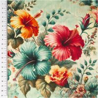 93848-Viskose-Stoff-mit-42--Leinenanteil-Hibiskusblueten-pink--tuerkis--orange-1-43cm-Breite-IMG-7377.jpg Dieser hochwertige Viskose Stoff mit 42% Leinenanteil Hibiskusblüten pink, türkis, orange 1,43cm Breite besticht durch sein sommerliches Muster mit farbenprächtigen Hibiskusblüten auf helltürkisem Grund - mit Massband