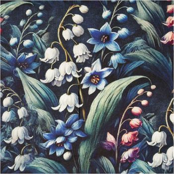Dieser hochwertige Viskose Stoff mit 42% Leinenanteil Maiglöckchen blau weiß grün 1,43cm Breite besticht durch sein elegantes florales Muster mit Maiglöckchen auf einem tiefblauen Grund - Nahaufnahme