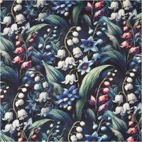 Dieser hochwertige Viskose Stoff mit 42% Leinenanteil Maiglöckchen blau weiß grün 1,43cm Breite besticht durch sein elegantes florales Muster mit Maiglöckchen auf einem tiefblauen Grund - Vollansicht