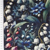 Dieser hochwertige Viskose Stoff mit 42% Leinenanteil Maiglöckchen blau weiß grün 1,43cm Breite besticht durch sein elegantes florales Muster mit Maiglöckchen auf einem tiefblauen Grund - mit Massband