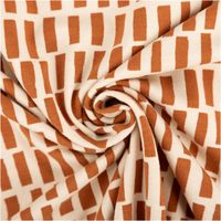 93857-Jersey-Stoff-Bio-Baumwolljersey-Streifen-natur-braun-1-48m-Breite-IMG-7262.jpg Dieser hochwertige Jersey Stoff Bio Baumwolljersey Streifen natur braun 1,48m Breite besticht durch sein abstraktes Muster aus unregelmäßigen, braunen Balken auf hellem Grund - kunstvoll eingedreht in Falten