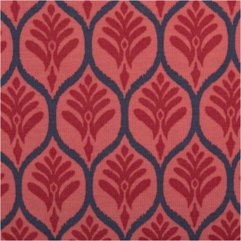 Dieser hochwertige Jersey Stoff Baumwolljersey Ornamente rot 1,48 m Breite besticht durch sein elegantes, orientalisches Muster mit dunklen Ornamenten auf einem kräftigen, roten Grund - Nahaufnahme