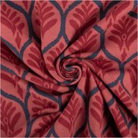 93868-Jersey-Stoff-Baumwolljersey-Ornamente-rot-1-48-m-Breite-IMG-7580.jpg Dieser hochwertige Jersey Stoff Baumwolljersey Ornamente rot 1,48 m Breite besticht durch sein elegantes, orientalisches Muster mit dunklen Ornamenten auf einem kräftigen, roten Grund - kunstvoll eingedreht in Falten