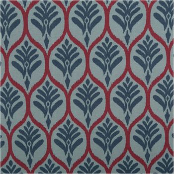 Dieser hochwertige Jersey Stoff Baumwolljersey Ornamente petrolblau 1,48 m Breite besticht durch sein elegantes, orientalisches Muster mit weinroten Ornamenten auf einem tiefen, petrolblauen Grund - Nahaufnahme