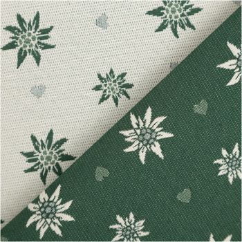 Der hochwertige Jacquard Stoff Dekostoff Edelweiß Landhaus Doubleface grün ecru 1,4m Breite besticht durch sein alpines Design für ausdrucksstarke, langlebige und rustikale Nähprojekte - beidseitig
