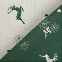 Der hochwertige Jacquard Stoff Dekostoff Hirsch Edelweiß Herz Doubleface grün ecru 1,4m Breite besticht durch sein alpines Design für ausdrucksstarke, langlebige und rustikale Nähprojekte - beide Seiten