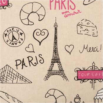 Der hochwertige Dekostoff Leinenlook Paris natur schwarz rosa 1,4m Breite besticht durch sein romantisches Design mit dem Eiffelturm für ausdrucksstarke, langlebige und moderne Nähprojekte - Nahaufnahme